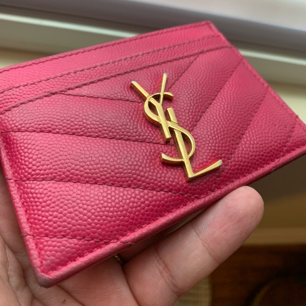 YSL Card Case in Lipstick Pink with Gold